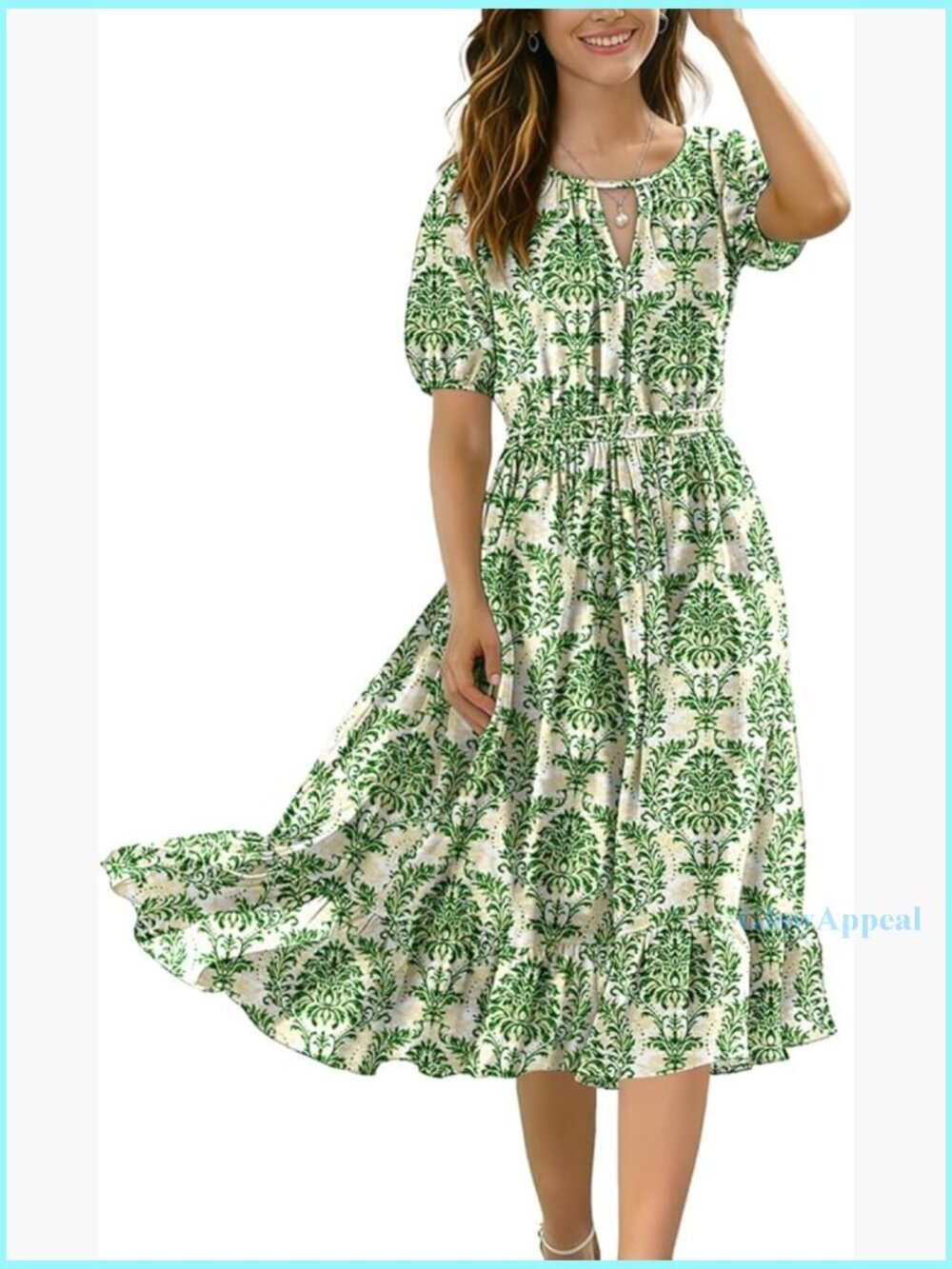 Summer Floral Boho Midi Dress with Puff Sleeves Elastic Waist Pocket